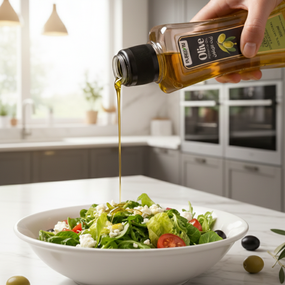 Person pouring olive oil over a salad in a kitchen setting