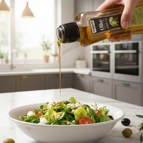Person pouring olive oil over a salad in a kitchen setting